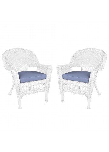 White Wicker Chair With Steel Blue Cushion - Set of 2