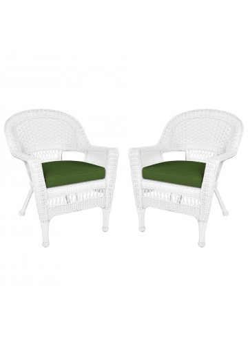 White Wicker Chair With Hunter Green Cushion - Set of 2