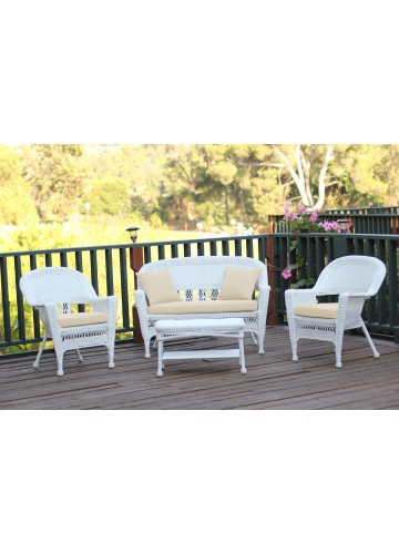 4pc White Wicker Conversation Set - Ivory Cushions