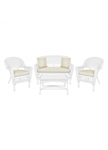 4pc White Wicker Conversation Set - Ivory Cushions