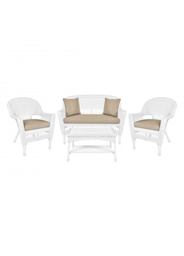 4pc White Wicker Conversation Set - Tan Cushions