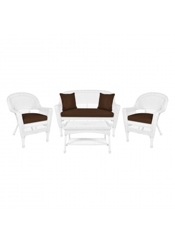 4pc White Wicker Conversation Set - Brown Cushions