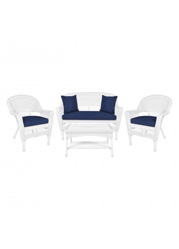4pc White Wicker Conversation Set - Midnight Blue Cushions