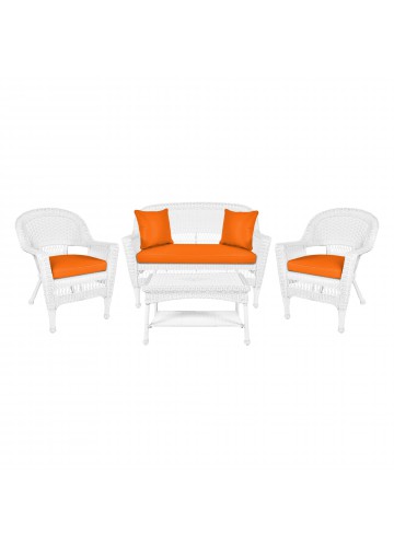 4pc White Wicker Conversation Set - Orange Cushions