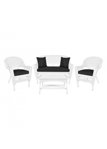 4pc White Wicker Conversation Set - Black Cushions