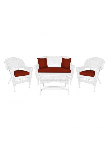 4pc White Wicker Conversation Set - Brick Red Cushions