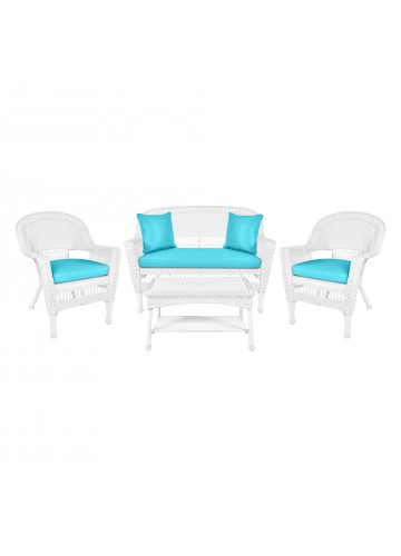 4pc White Wicker Conversation Set - Sky Blue Cushions