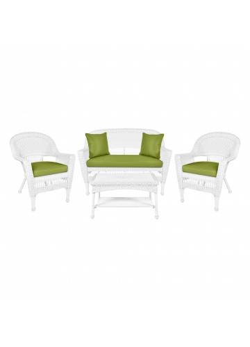 4pc White Wicker Conversation Set - Sage Green Cushions