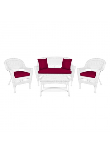 4pc White Wicker Conversation Set - Red Cushions