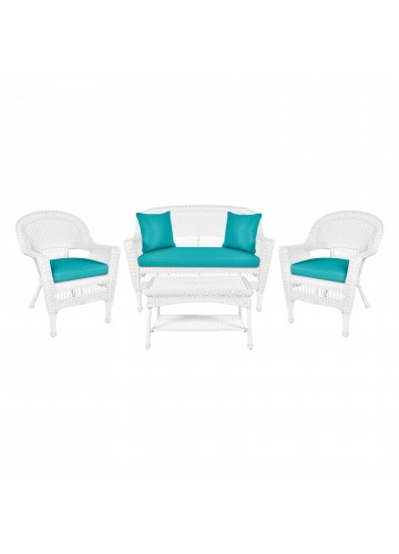 4pc White Wicker Conversation Set - Turquoise Cushions