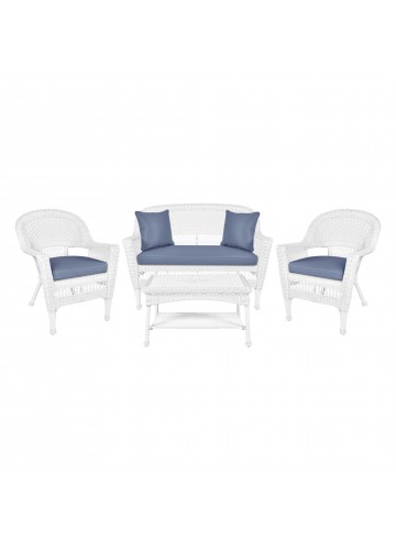 4pc White Wicker Conversation Set - Steel Blue Cushions