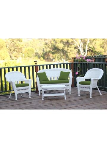 4pc White Wicker Conversation Set - Hunter Green Cushions