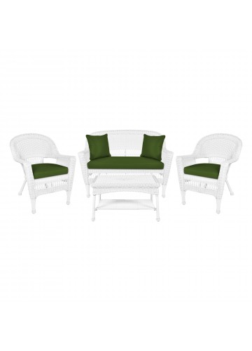 4pc White Wicker Conversation Set - Hunter Green Cushions