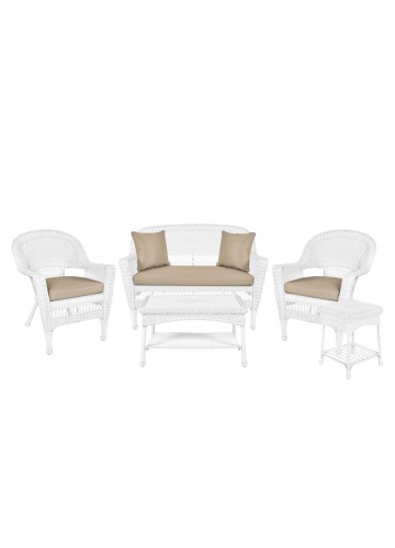 5pc White Wicker Conversation Set - Tan Cushions
