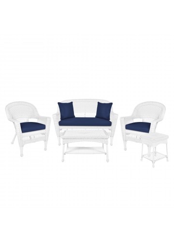 5pc White Wicker Conversation Set - Midnight Blue Cushions