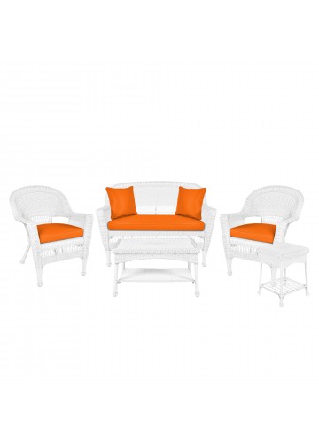 5pc White Wicker Conversation Set - Orange Cushions