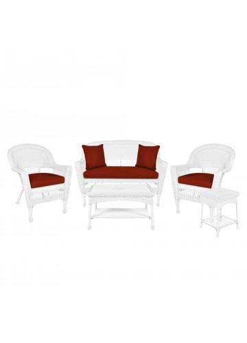 5pc White Wicker Conversation Set - Brick Red Cushions