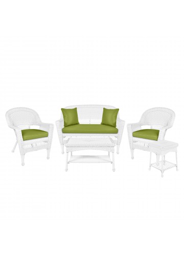 5pc White Wicker Conversation Set - Sage Green Cushions