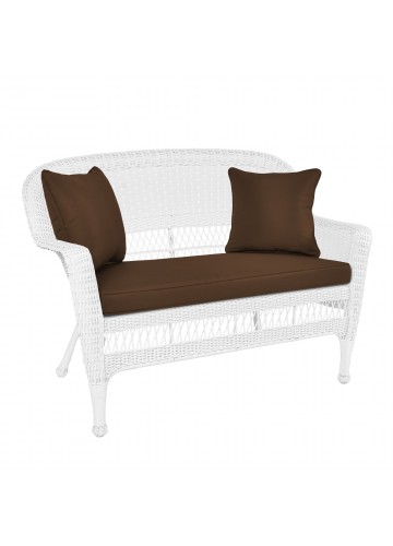 White Wicker Patio Love Seat With Brown Cushion and Pillows
