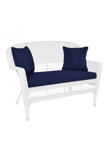 White Wicker Patio Love Seat With Midnight Blue Cushion and Pillows