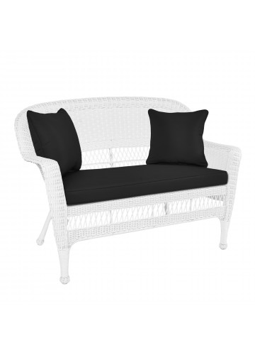 White Wicker Patio Love Seat With Black Cushion and Pillows