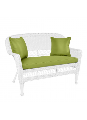White Wicker Patio Love Seat With Sage Green Cushion and Pillows