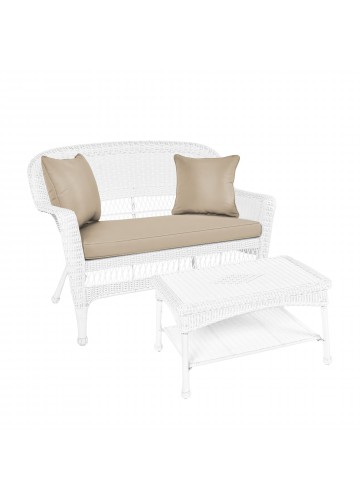 White Wicker Patio Love Seat And Coffee Table Set With Tan Cushion