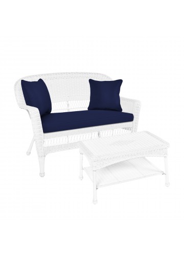 White Wicker Patio Love Seat And Coffee Table Set With Midnight Blue Cushion