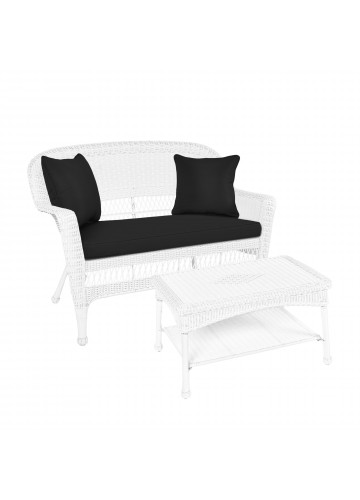 White Wicker Patio Love Seat And Coffee Table Set With Black Cushion
