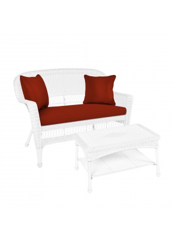 White Wicker Patio Love Seat And Coffee Table Set With Brick Red Cushion