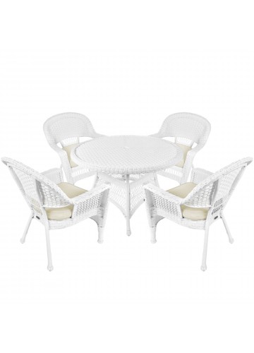 5pc White Wicker Dining Set - Ivory Cushions