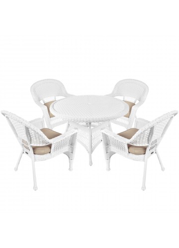 5pc White Wicker Dining Set - Tan Cushions