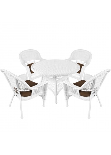 5pc White Wicker Dining Set - Brown Cushions