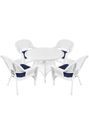 5pc White Wicker Dining Set - Midnight Blue Cushions