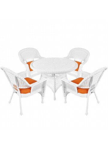 5pc White Wicker Dining Set - Orange Cushions