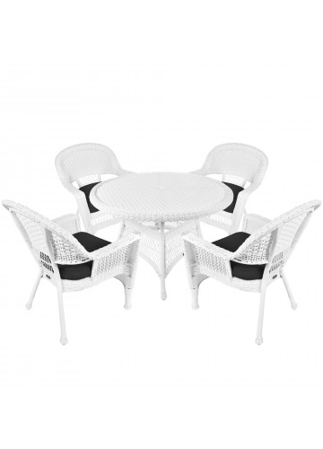 5pc White Wicker Dining Set - Black Cushions