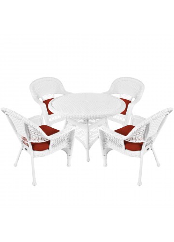 5pc White Wicker Dining Set - Brick Red Cushions