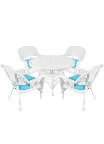 5pc White Wicker Dining Set - Sky Blue Cushions