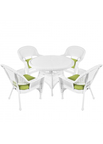 5pc White Wicker Dining Set - Sage Green Cushions