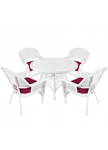 5pc White Wicker Dining Set - Red Cushions