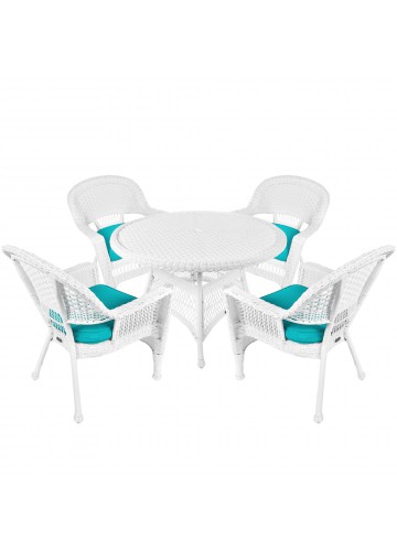 5pc White Wicker Dining Set - Turquoise Cushions