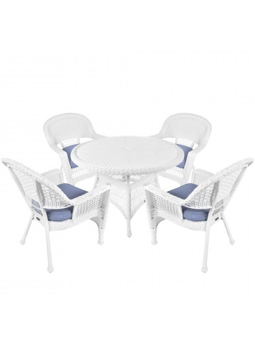 5pc White Wicker Dining Set - Steel Blue Cushions
