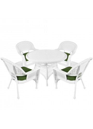 5pc White Wicker Dining Set - Hunter Green Cushions
