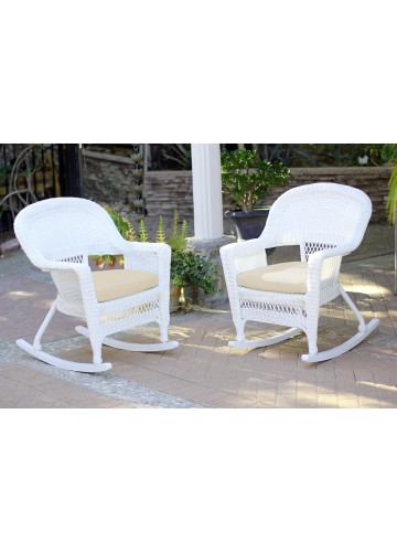 White Rocker Wicker Chair with Ivory Cushion- Set of 2