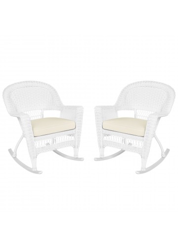 White Rocker Wicker Chair with Ivory Cushion- Set of 2