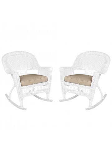 White Rocker Wicker Chair with Tan Cushion- Set of 2