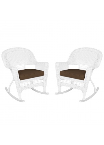 White Rocker Wicker Chair with Brown Cushion- Set of 2
