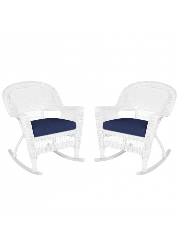 White Rocker Wicker Chair with Midnight Blue Cushion- Set of 2