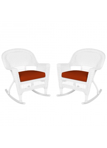 White Rocker Wicker Chair with Brick Red Cushion- Set of 2