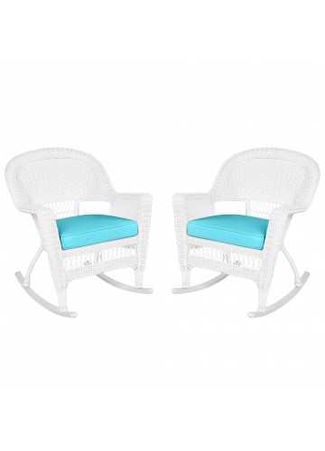 White Rocker Wicker Chair with Sky Blue Cushion- Set of 2